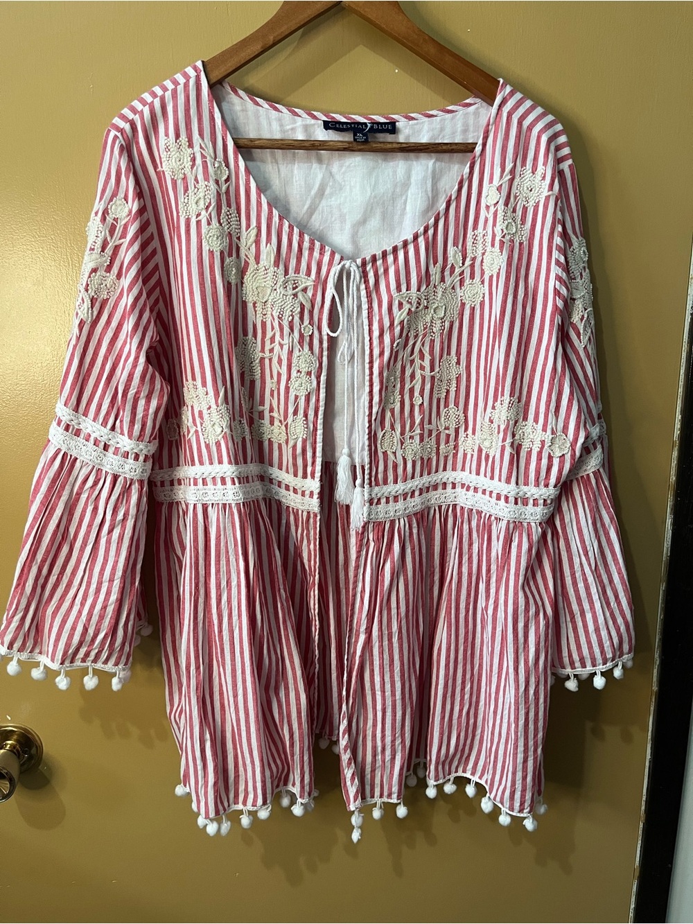 Celestial Blue Red & White Striped Embroidered Peasant Top XL